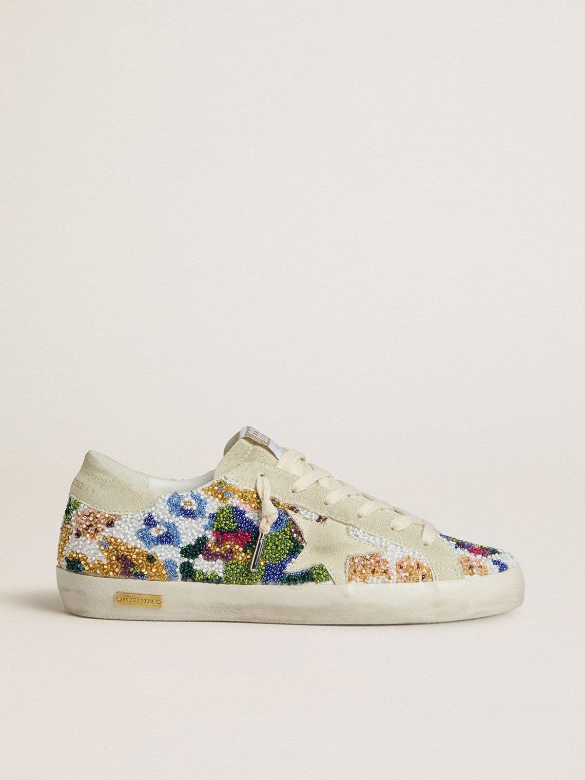 Super-Star pour femme avec perles multicolores et étoile en cuir velours beige