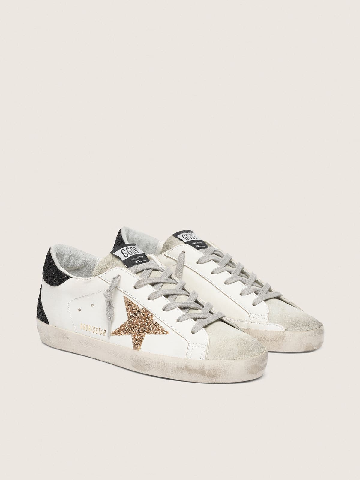 Super-Star femme en cuir nappa avec étoile à paillettes dorées et contrefort à paillettes noires