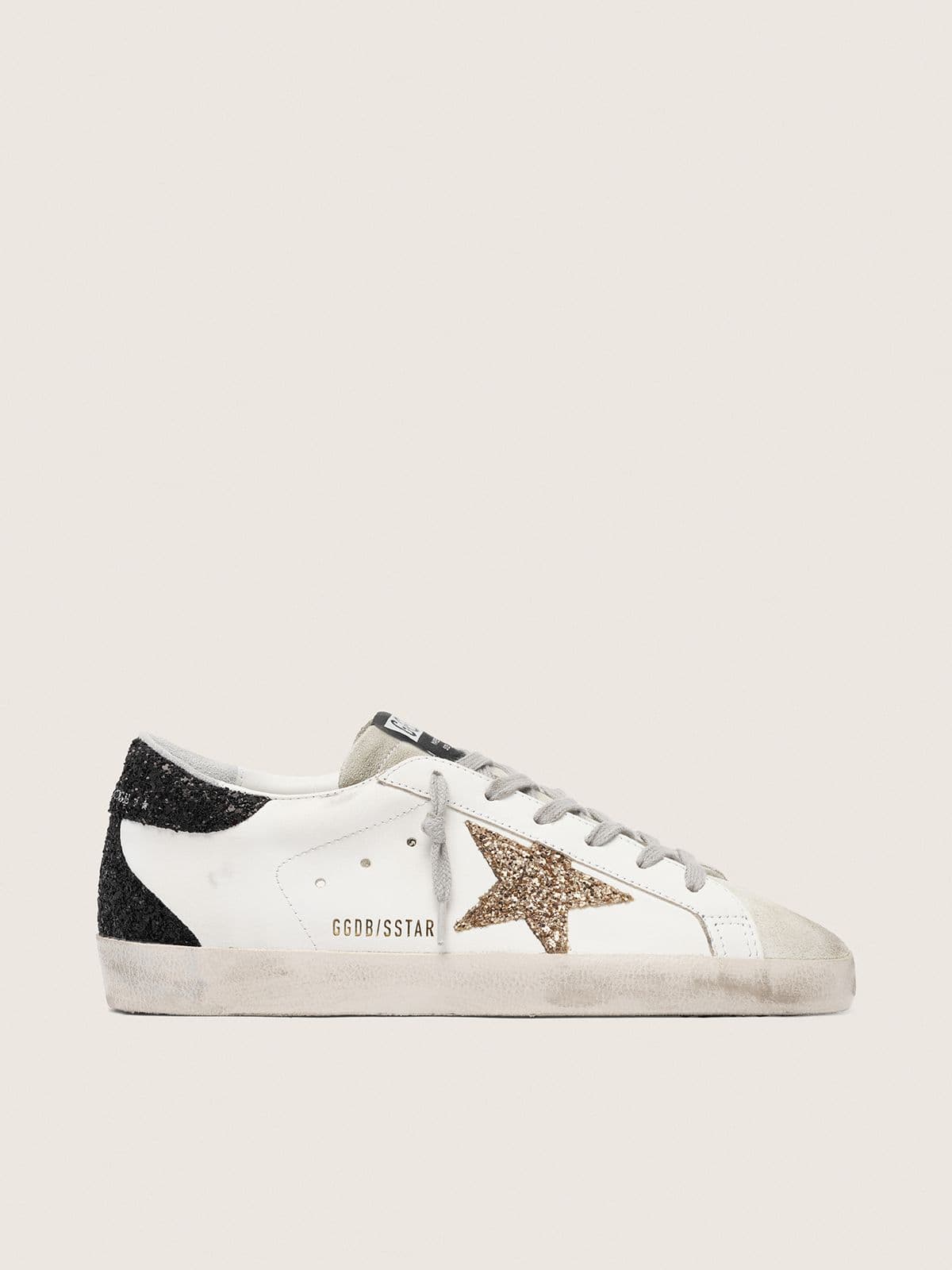 Super-Star femme en cuir nappa avec étoile à paillettes dorées et contrefort à paillettes noires