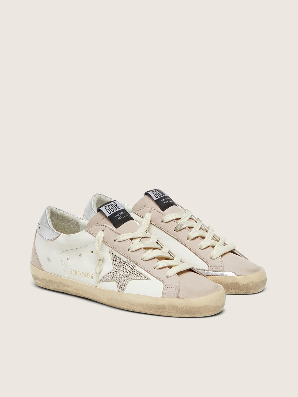 Super-Star femme en cuir blanc et rose poudré avec étoile en cristaux Swarovski argentés
