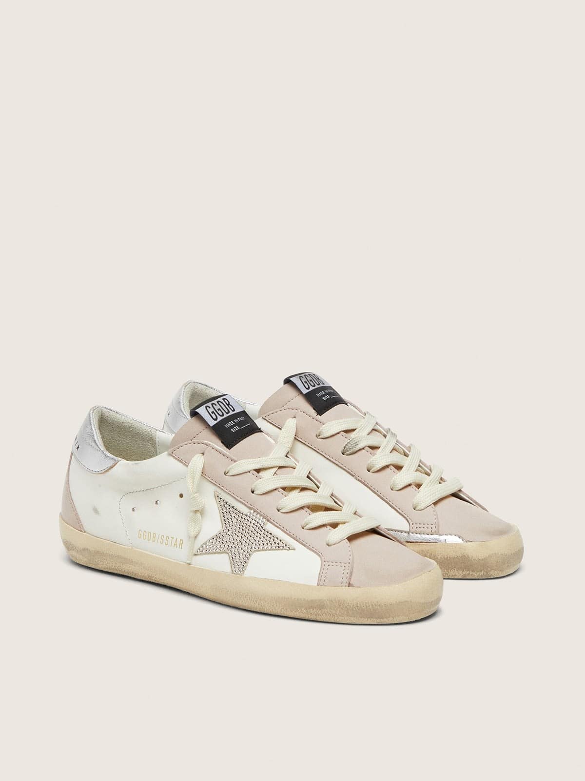 Super-Star femme en cuir blanc et rose poudré avec étoile en cristaux Swarovski argentés