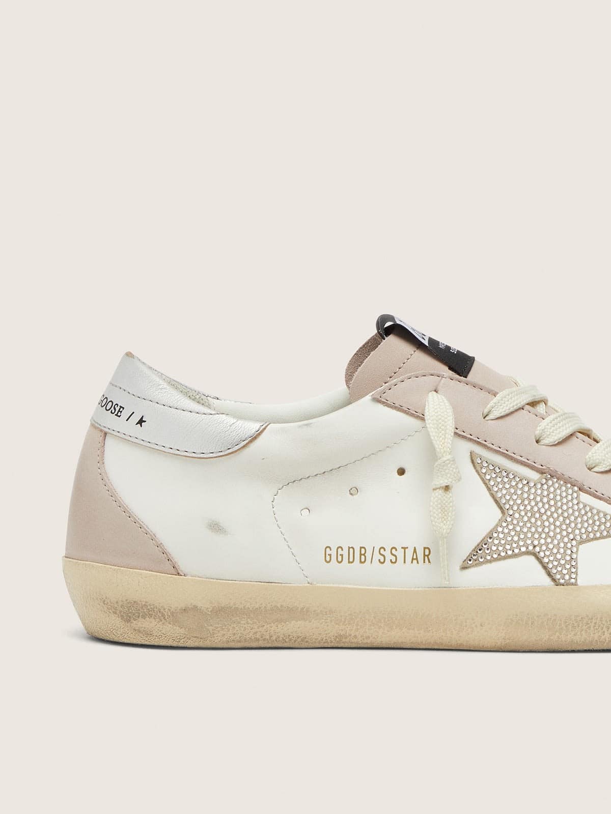 Super-Star femme en cuir blanc et rose poudré avec étoile en cristaux Swarovski argentés