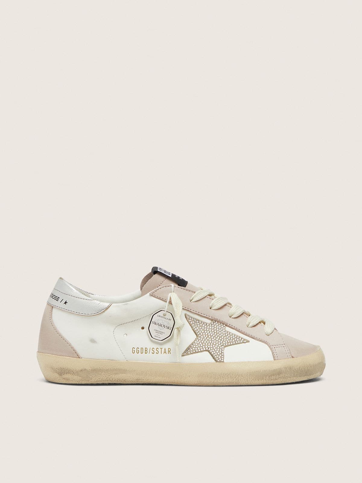 Super-Star femme en cuir blanc et rose poudré avec étoile en cristaux Swarovski argentés