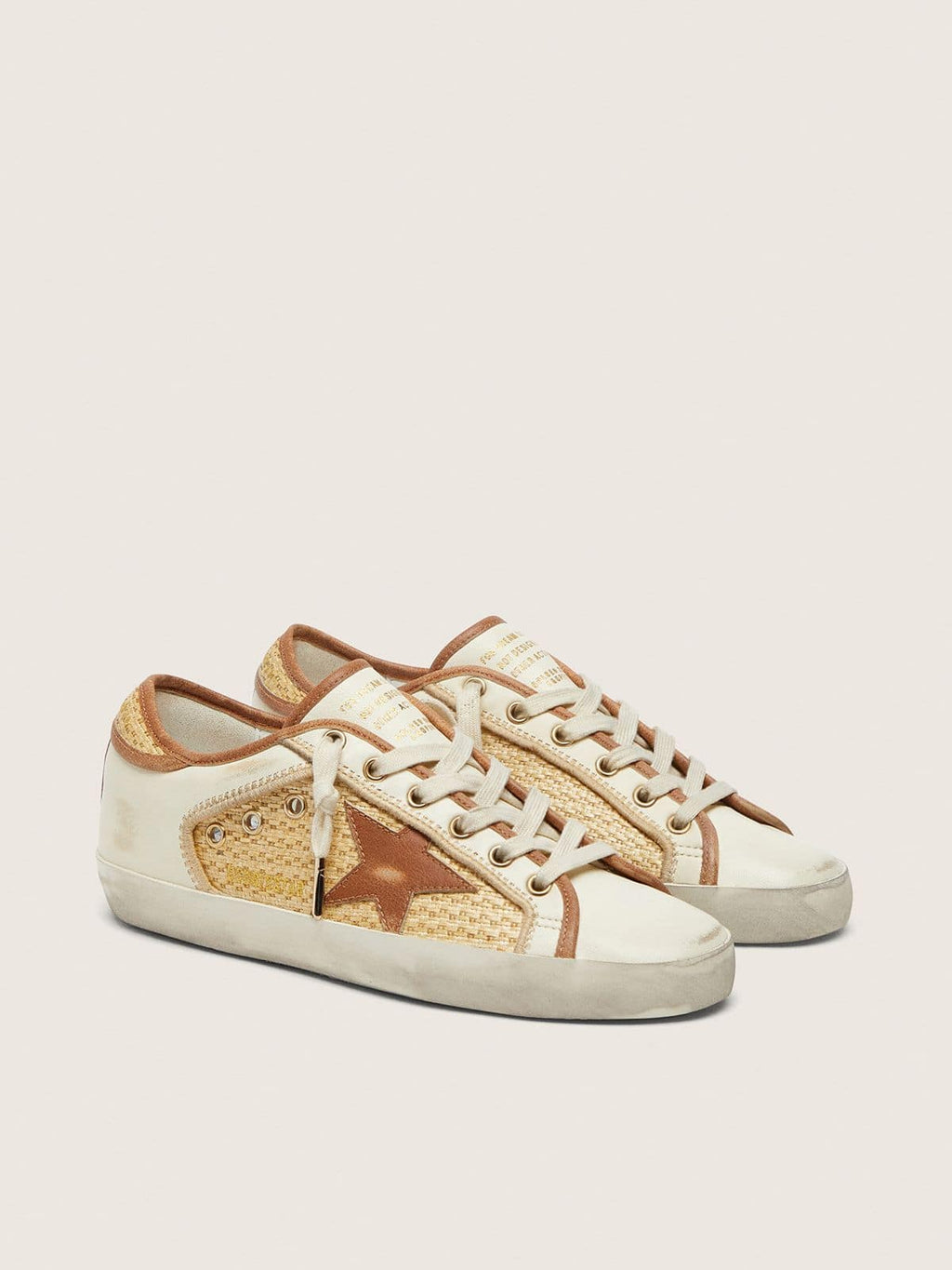 Super-Star femme en cuir blanc et raphia avec étoile et empiècements brique