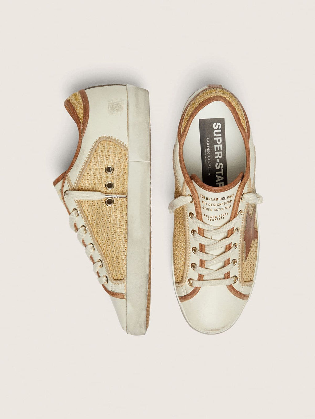 Super-Star femme en cuir blanc et raphia avec étoile et empiècements brique