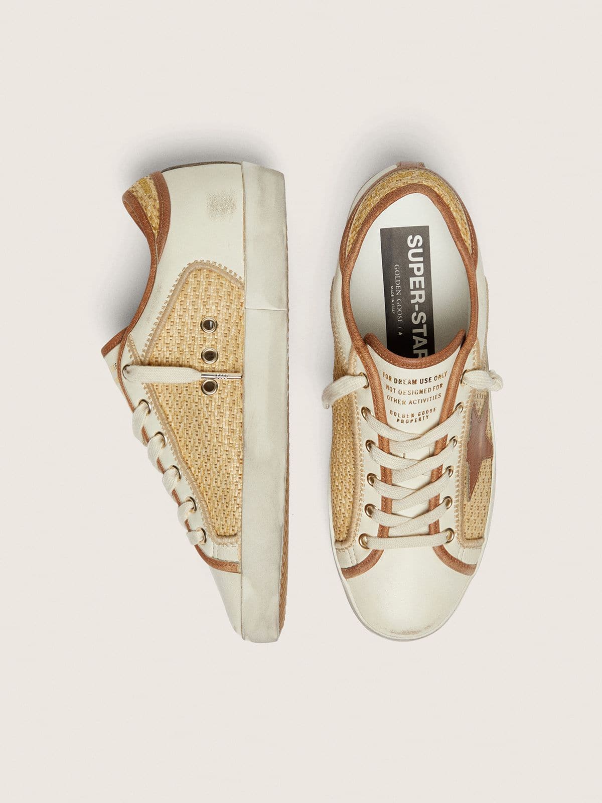 Super-Star femme en cuir blanc et raphia avec étoile et empiècements brique