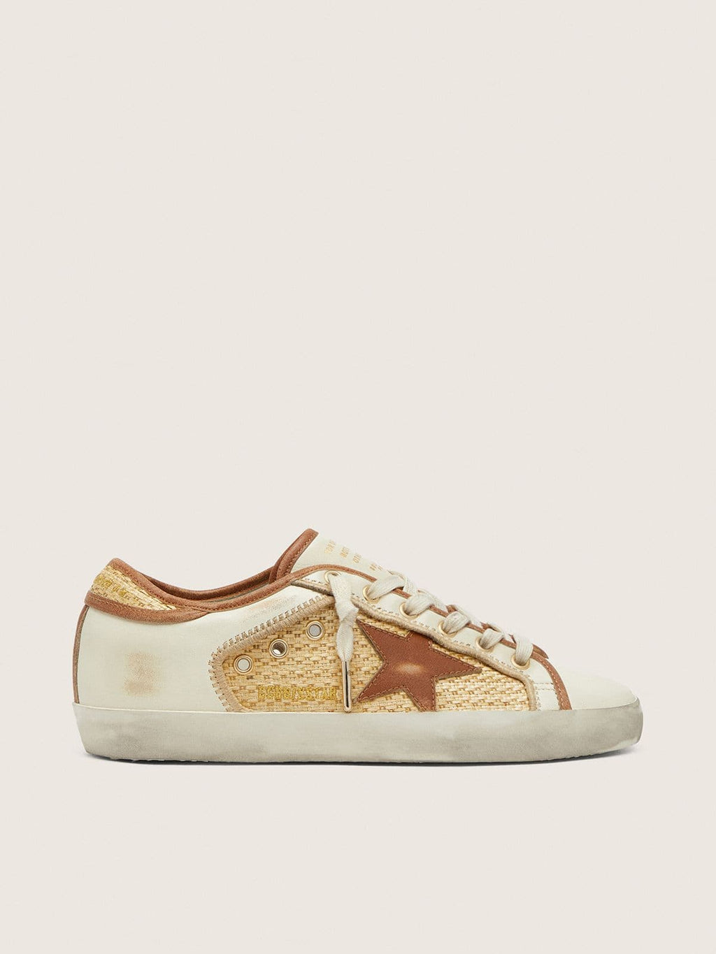 Super-Star femme en cuir blanc et raphia avec étoile et empiècements brique