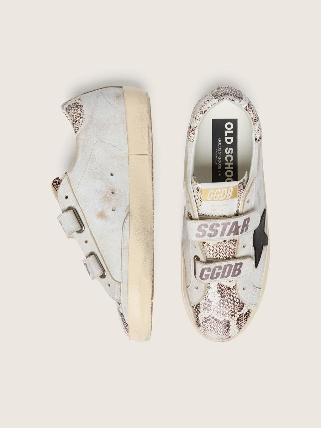 Old School femme en cuir blanc avec étoile en cuir noir et empiècements à imprimé python