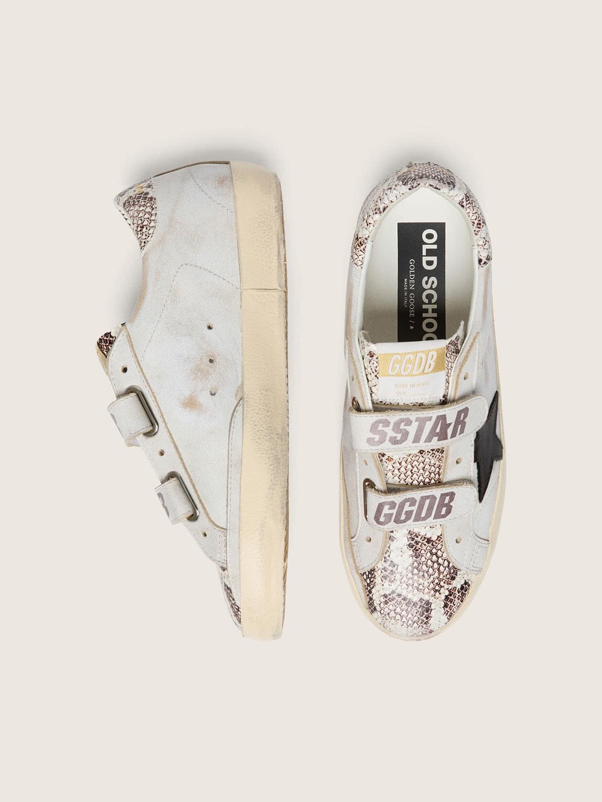Old School femme en cuir blanc avec étoile en cuir noir et empiècements à imprimé python