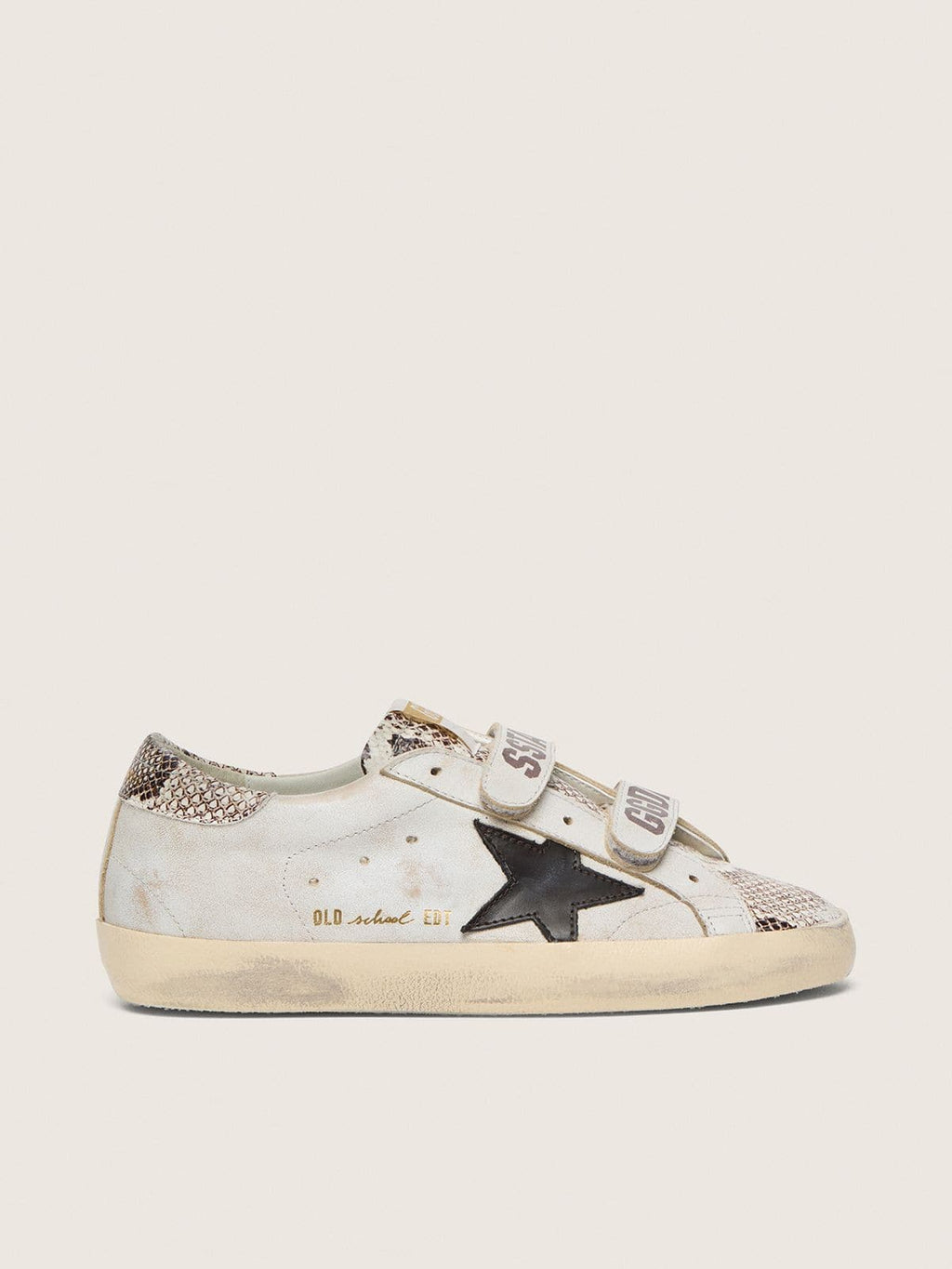 Old School femme en cuir blanc avec étoile en cuir noir et empiècements à imprimé python