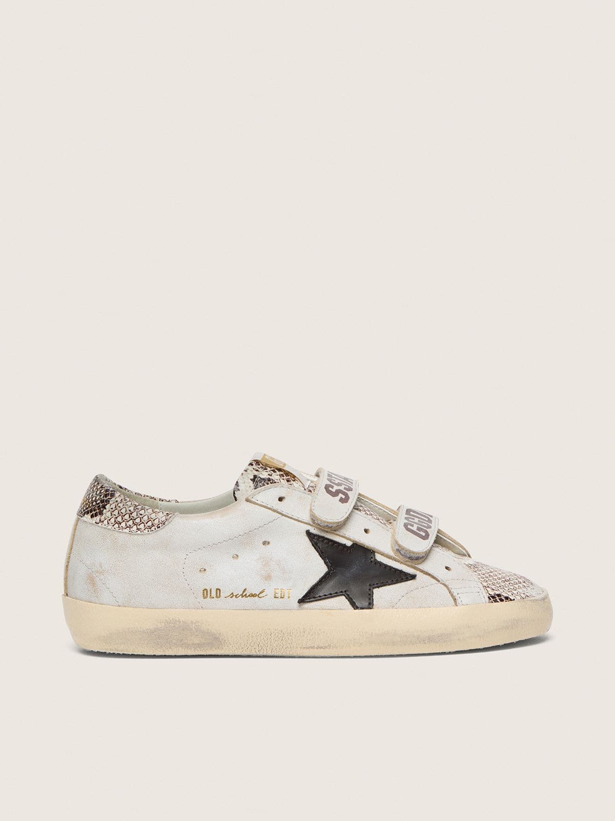 Old School femme en cuir blanc avec étoile en cuir noir et empiècements à imprimé python